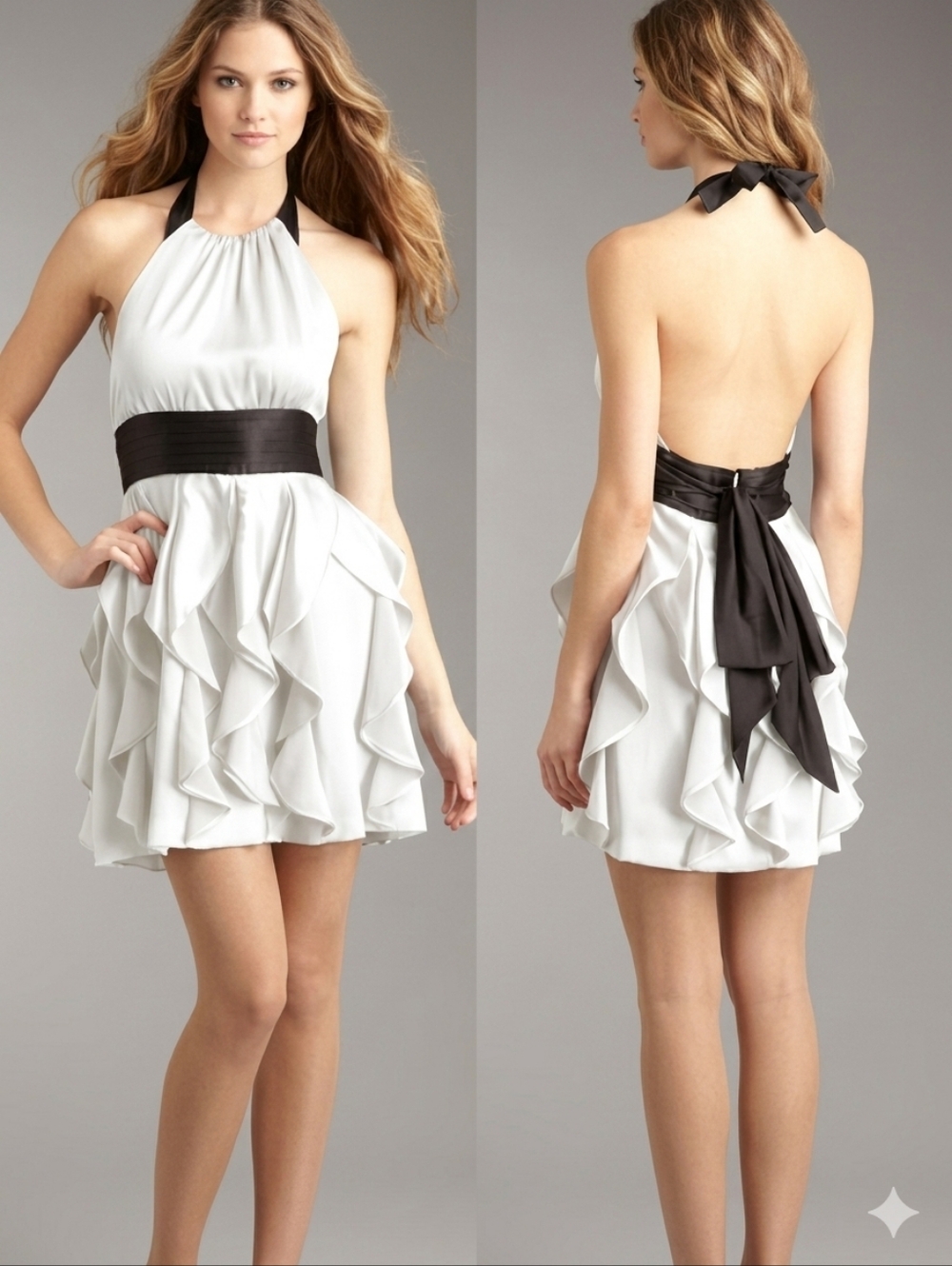 BcbgMaxAzria White & Black Halter Top Mini Dress With Waterfall Ruffle Skirt